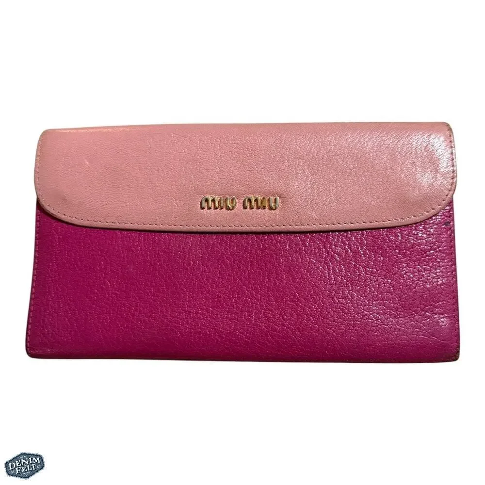 Miu‎ Miu Pink Bicolor/Two Tone Leather Continental Flap Snap Long Wallet